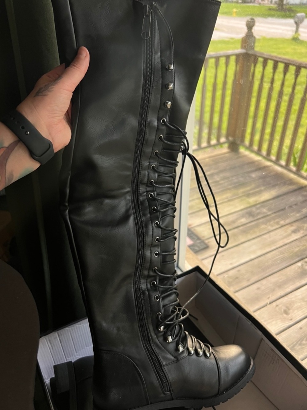 Unworn Black Lace Up Thigh High Combat Boots